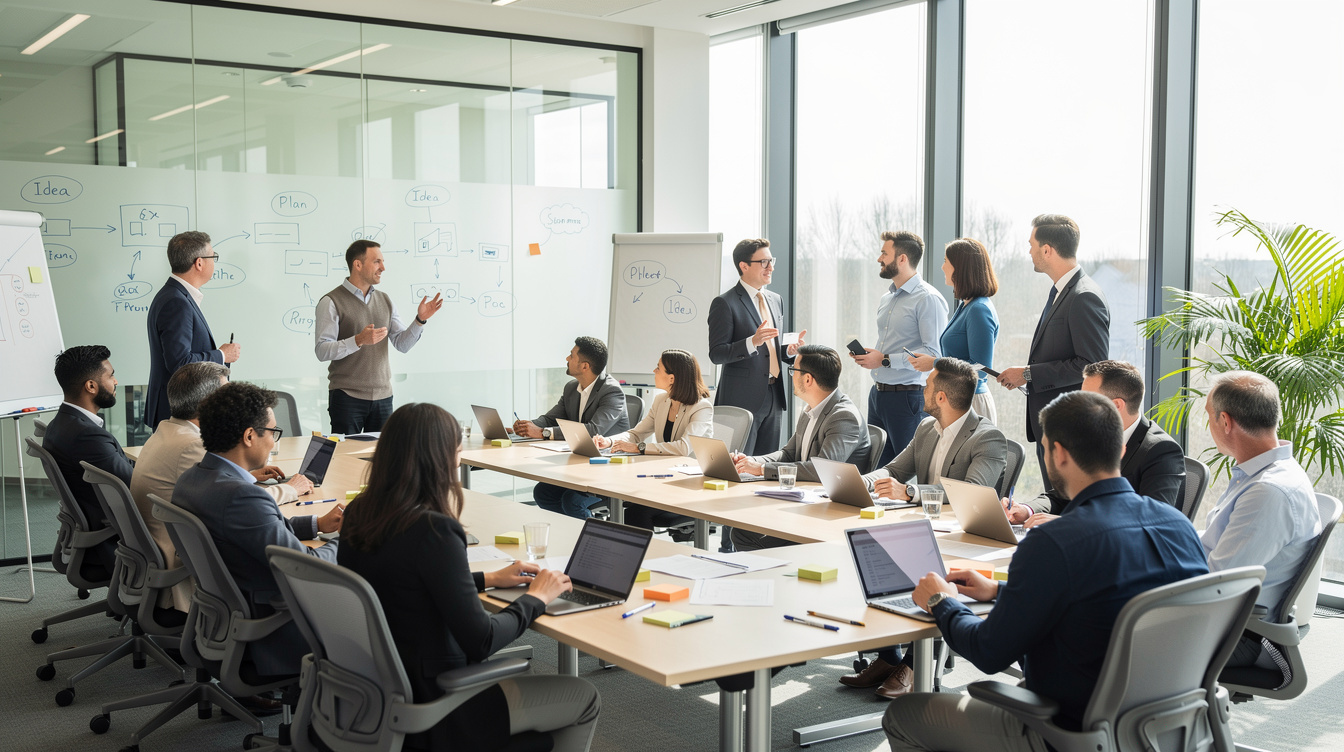 Panoramic view of a modern conference room during an industry collaboration session